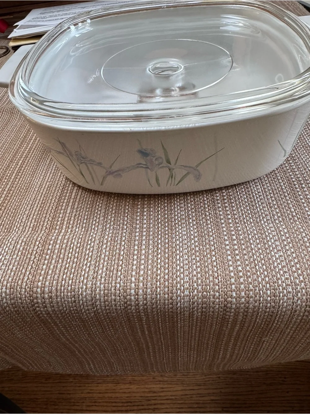 Shadow Iris Covered Casserole Dish with Floral Iris Design - White